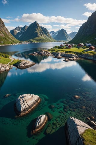 subsurface scattering, Photorealistic, Hyperrealistic, analog style, realistic, film photography, dynamic lighting, HDR, 8k, 
BREAK
Lofoten Islands, located in the Arctic Circle in the northern part of Norway, the Lofoten Islands are a dramatic chain of islands that juts out into the Norwegian Sea. It’s where glacier-carved mountains meet white sandy beaches and crystal clear waters appear out of a tropical paradise. The Lofoten Islands offer some of the most breathtaking landscapes in all of Europe and one of the most beautiful places in the world for photography.  