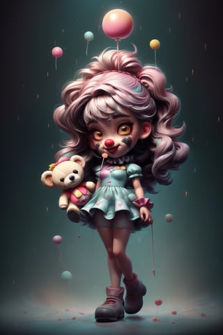 (One Creepy clown wearing afro rainbow wig holding a teddy bear, raining lollipops, full length portrait, full body portrait, Nightmarish lighting, Clowncore, Insomniac Games, Prismwave, overwatch, Comedy:1.2), glitter, Imaginative_Melodies, 