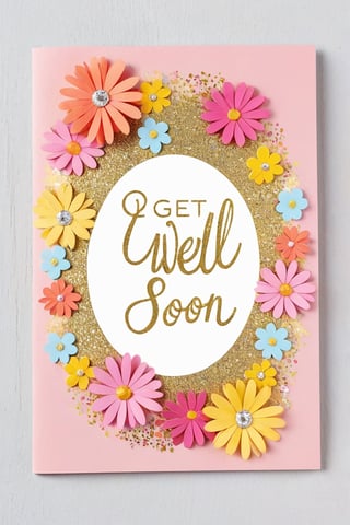 Glitter decorated get well soon card, 