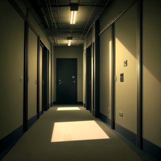 8k, high resolution, hdr, intricate details, realistic, darkness, an award-winning photograph of an eerily empty hallway, yellow walls and carpet, fluorescent lights, dark shadows, transitional space, liminal space, dread,