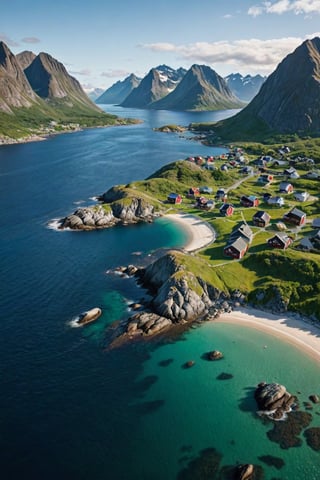 (3/4 view, wide shot:1.33), subsurface scattering, Photorealistic, Hyperrealistic, analog style, realistic, film photography, dynamic lighting, HDR, 8k, 
BREAK
(Lofoten Islands, located in the Arctic Circle in the northern part of Norway), the Lofoten Islands are a dramatic chain of islands that juts out into the Norwegian Sea. It’s where (glacier-carved mountains meet white sandy beaches and crystal clear waters) appear out of an icy paradise. The Lofoten Islands offer some of the most breathtaking landscapes in all of Europe and one of the most beautiful places in the world for photography.  