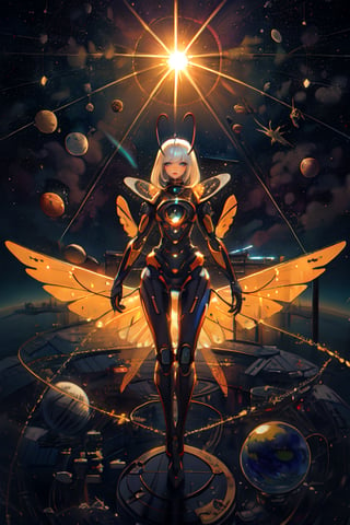 ((Masterpiece)), ((Best Quality)), Ultra-Detailed, advanced technology, extraterrestrial humanoid insect girl with thin neck and antenna, thin arms, hand with few fingers transparent slender body thin legs, detailed face, detailed eyes, doing photosynthesis on outer space, huge wing transparent solar panel, floating, absorb sun rays, bathing sun rays, advanced civilization, outer space background