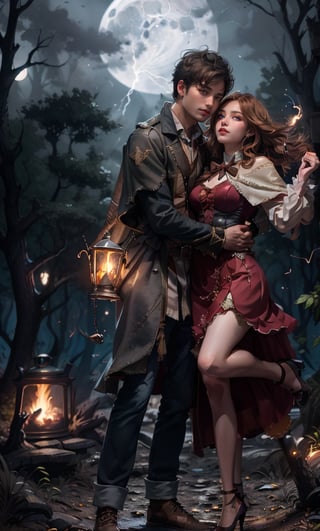 young couple_(romantic), lovers, wizards, dancing circling on bonfire, cast lightning magic, cheerfull face, detailed face, night, under moon ray, lighting sparks, night forest background, wilds magical animals, dynamic lighting,  low key,LuxuriousWheelsCostume,Detailedface,Detailedeyes