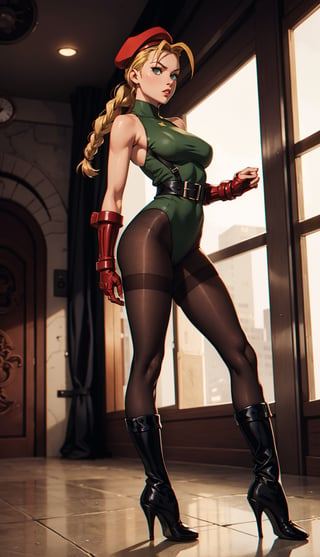 Cammy, female, beautiful big_breast, often in the form of long, black military-style boots, black pantyhose, high heels, sexy,