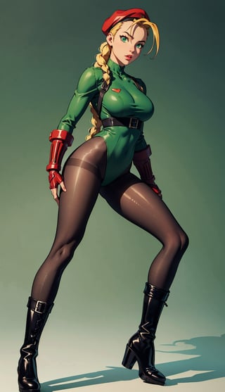 Cammy, female, beautiful big_breast, often in the form of long, black military-style boots, black pantyhose, high heels, sexy, green suit,