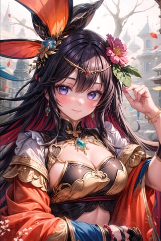 1girl, solo, long hair, breasts, looking at viewer, blush, smile, bangs, blue eyes, black hair, hair ornament, long sleeves, cleavage, jewelry, medium breasts, closed mouth, purple eyes, upper body, braid, flower, earrings, hair flower, wide sleeves, bracelet, red flower, gem, circlet, 8k masterpiece, ultra realistic, UHD, highly detailed, best quality,candyland