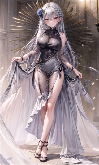 1girl, solo, long hair, breasts, looking at viewer, bangs, skirt, large breasts, hair ornament, dress, hair between eyes, bare shoulders, brown eyes, jewelry, very long hair, closed mouth, standing, full body, braid, flower, grey hair, earrings, sleeveless, black footwear, high heels, see-through, side slit, grey skirt, grey dress, grey footwear