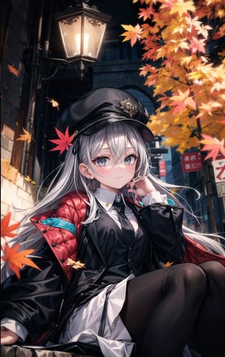 1girl, solo, long hair, looking at viewer, bangs, shirt, long sleeves, hat, hair between eyes, jewelry, sitting, closed mouth, white shirt, grey hair, pantyhose, earrings, necktie, grey eyes, window, black headwear, leaf, black necktie, autumn leaves, lamppost, 8k, masterpiece, ultra realistic, UHD, highly detailed, best quality,full background, 