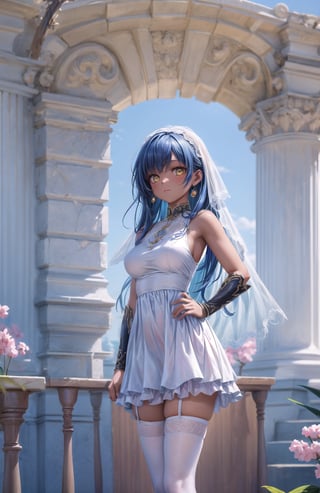 1girl, solo, long hair, breasts, looking at viewer, bangs, thighhighs, dress, bare shoulders, medium breasts, jewelry, closed mouth, blue hair, standing, yellow eyes, earrings, sleeveless, outdoors, dark skin, white dress, white thighhighs, dark-skinned female, zettai ryouiki, hand on hip, sleeveless dress, veil, 8k, masterpiece, ultra realistic, UHD, highly detailed, best quality,candyland,better_hands,full background