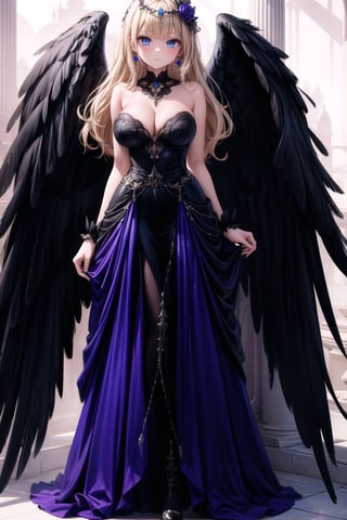 1girl, solo, long hair, breasts, looking at viewer, bangs, blue eyes, blonde hair, medium breasts, hair ornament, dress, cleavage, bare shoulders, jewelry, closed mouth, standing, full body, earrings, wings, sleeveless, black footwear, black dress, high heels, sleeveless dress, feathered wings, black wings, long dress, 8k masterpiece, ultra realistic, UHD, highly detailed, best quality,candyland