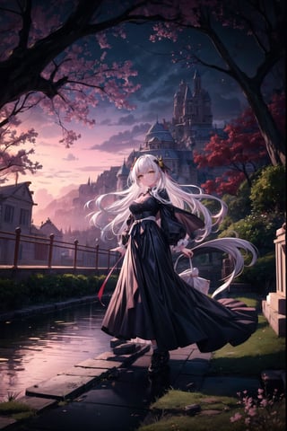 1girl, solo, long hair, breasts, looking at viewer, bangs, skirt, hair ornament, long sleeves, very long hair, standing, yellow eyes, medium breasts, white hair, flowing hair, long socks, outdoors, sunset sky, black footwear, tree, night, long skirt, 8k masterpiece, ultra realistic, UHD, highly detailed, best quality,candyland