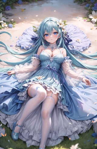 1girl, solo, long hair, breasts, looking at viewer, bangs, blue eyes, medium breasts, hair ornament, thighhighs, dress, cleavage, hair between eyes, jewelry, very long hair, blue hair, flower, lying on back, white thighhighs, see-through sleeves, blue dress, white flower, on the ground, blue footwear, 8k masterpiece, ultra realistic, UHD, highly detailed, best quality,candyland,better_hands,full background