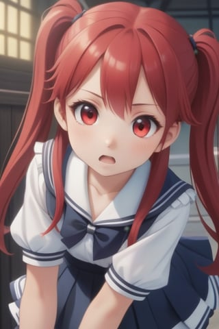 ore no imouto ga konna ni kawaii wake ga nai, Beautiful 18 -year-old girl, crimson red hair- pulled up into twin ponytails, Wearing a sailor schoolgirl uniform in a haunted place. Scared