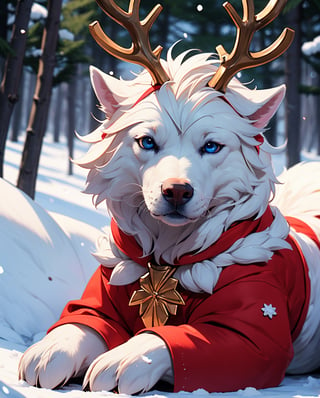 1dog,white husky, animal, no humans, solo, snowy forest, snow flake lights, santa costume, red costume, christmas accessories, blue eyes, reindeer horns,Animal,High detailed ,Animal Photography,Wild Life, sitting straight, 4k, hdr, high_resolution, highly detailed body, masterpiece, fresh,Realistic,Raw photo,3DMM