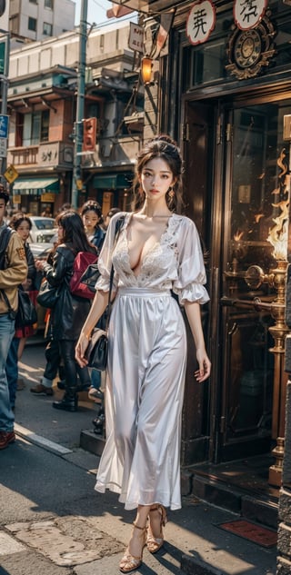 18s comely girl, attractive face, (huge breast), high heel, on street, sunlight, sunshine, yuhuo, fire in hand,