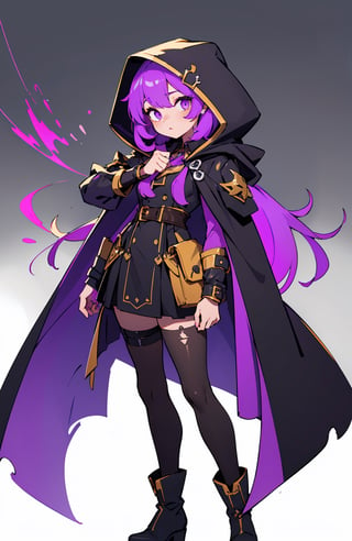 absurdres, (full-body), highres, ultra detailed, (1girl:1.3), close-up,BREAK, murderess dress, purple shadow aura, huntress dress, dark cape with hood and gold details, leather boots