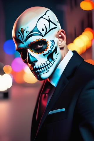 high detail, colorful, sugar skull man, white thin bald man, hitman style, night atmosphere at Halloween