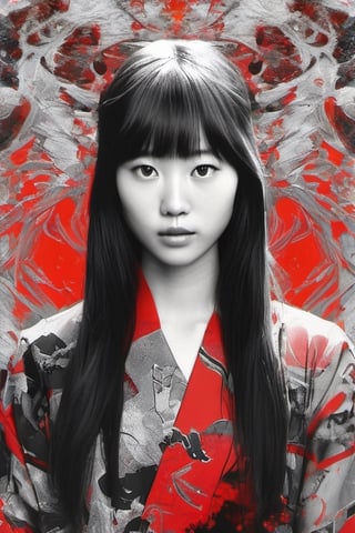 aesthetic, 2 tone, black and white, simplified shapes, figurative, style mix of acrylic painting, watercolor, oil painting, photography, digital art,   brush strokes, dark red color pop, a gorgeous young asian girl, highly detailed , ultra detailed, very intricate, low poly, abstract surreal, Kanji , Katakana ,  niji style, graffiti style,  comics style, anime style 