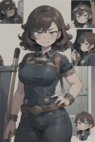 Raw, masterpiece, highly detailed character design, comic book style, perfectly centered, steampunk female engineer with goggles pushed up onto a messy mop of curly hair, Highly detailed body, Perfect arms, Tools dangle from belts, a trusty wrench is clutched in one hand, a mischievous grin, maximum details, highly detailed, sharp focus, intricate details
