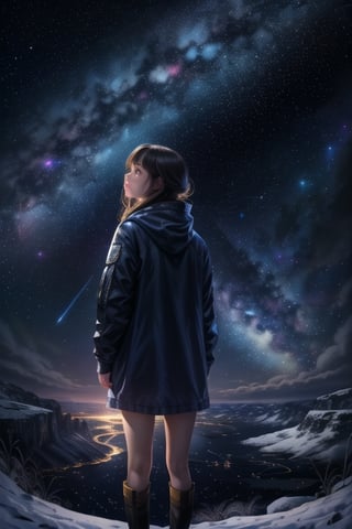 A beautiful starry night sky with a girl standing with her back turned, admiring the celestial display. The image should be a photograph capturing the breathtaking beauty of the night sky. The stars should be shining brightly, and constellations should be visible. The girl should be silhouetted against the night sky, with her posture conveying awe and wonder. The background should be a natural outdoor setting, enhancing the sense of immersion. The camera shot should be a medium shot, framing both the girl and the expansive night sky. The lens used should be a wide-angle lens to capture the vastness of the cosmos. The image should have high resolution, showcasing the fine details of the stars. Lighting should be natural, with the stars providing gentle illumination. The final result should be a realistic portrayal of a girl admiring the starry night sky, evoking a sense of wonder and tranquility.