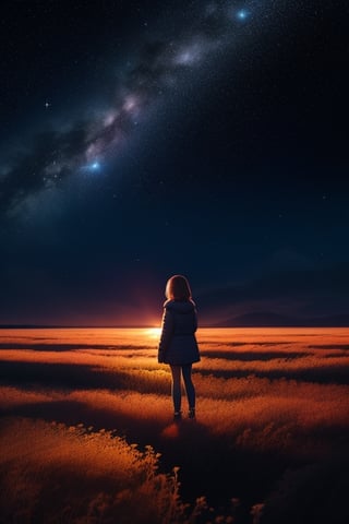 A beautiful starry night sky with a girl standing with her back turned, admiring the celestial display. The image should be a photograph capturing the breathtaking beauty of the night sky. The stars should be shining brightly, and constellations should be visible. The girl should be silhouetted against the night sky, with her posture conveying awe and wonder. The background should be a natural outdoor setting, enhancing the sense of immersion. The camera shot should be a medium shot, framing both the girl and the expansive night sky. The lens used should be a wide-angle lens to capture the vastness of the cosmos. The image should have high resolution, showcasing the fine details of the stars. Lighting should be natural, with the stars providing gentle illumination. The final result should be a realistic portrayal of a girl admiring the starry night sky, evoking a sense of wonder and tranquility.