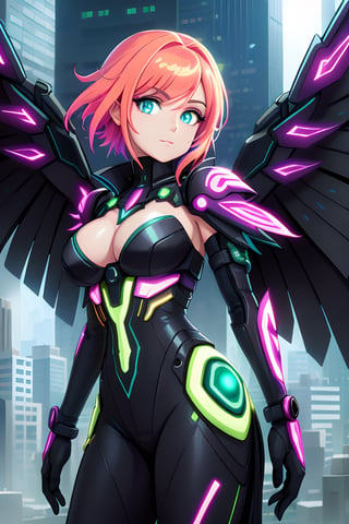 A vibrant, futuristic solarpunk harpy, ((enigmatic eyes)), neon-colored eyes, her wings adorned with intricate circuitry and glowing solar panels, perches atop a decaying skyscraper. The digital painting captures all the details of his metallic feathers, which contrast with the crumbling cityscape. The artist's skill is evident in the realistic textures and vibrant colors, which draw the viewer into this post-apocalyptic world.