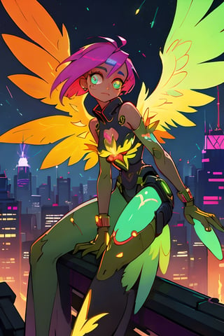 A vibrant and futuristic solarpunk harpy, her wings adorned with intricate circuitry and glowing solar panels, perches atop a decaying skyscraper. The digital painting captures every detail of her metallic feathers and neon-colored eyes, contrasting against the crumbling cityscape below. The artist's skill is evident in the lifelike textures and vibrant colors, drawing the viewer into this post-apocalyptic world.
