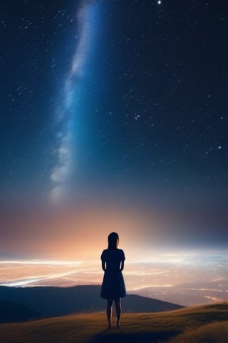 A beautiful starry night sky with a girl standing with her back turned, admiring the celestial display. The image should be a photograph capturing the breathtaking beauty of the night sky. The stars should be shining brightly, and constellations should be visible. The girl should be silhouetted against the night sky, with her posture conveying awe and wonder. The background should be a natural outdoor setting, enhancing the sense of immersion. The camera shot should be a medium shot, framing both the girl and the expansive night sky. The lens used should be a wide-angle lens to capture the vastness of the cosmos. The image should have high resolution, showcasing the fine details of the stars. Lighting should be natural, with the stars providing gentle illumination. The final result should be a realistic portrayal of a girl admiring the starry night sky, evoking a sense of wonder and tranquility.