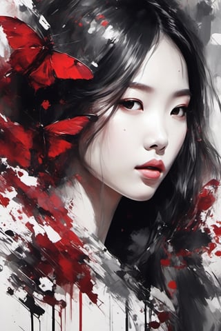 aesthetic, 2 tone, black and white, simplified shapes, figurative, style mix of acrylic painting, watercolor, oil painting, photography, digital art,   brush strokes, dark red color pop, a gorgeous young asian girl, highly detailed , ultra detailed, very intricate, low poly, abstract surreal, Kanji , Katakana ,  niji style, graffiti style,  comics style, anime style 