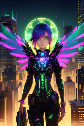 A vibrant and futuristic solarpunk harpy, enigmatic eyes, her wings adorned with intricate circuitry and glowing solar panels, perches atop a decaying skyscraper. The digital painting captures every detail of her metallic feathers and neon-colored eyes, contrasting against the crumbling cityscape below. The artist's skill is evident in the lifelike textures and vibrant colors, drawing the viewer into this post-apocalyptic world.