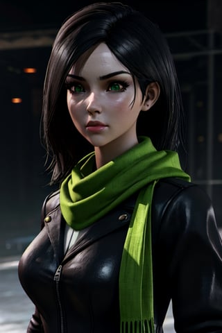 perfect face, perfect facial features, a serious-looking lady with black hair, dark jacket and green scarf, cloth face mask, anime 3d, unreal engine, style expressive