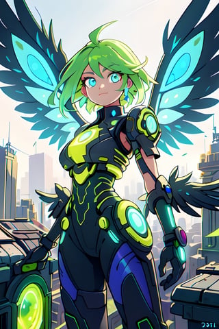 A vibrant, futuristic solarpunk harpy, ((enigmatic eyes)), neon-colored eyes, her wings adorned with intricate circuitry and glowing solar panels, perches atop a decaying skyscraper. The digital painting captures all the details of his metallic feathers, which contrast with the crumbling cityscape. The artist's skill is evident in the realistic textures and vibrant colors, which draw the viewer into this post-apocalyptic world.