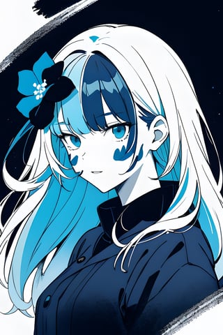 a beautiful girl with blue flowers on her face,  in the style of monochromatic paintings,  dark sky-blue and dark navy,  dark sky-blue and dark white,  multilayered realism,  luminous shadowing,  anime-inspired,  elegant outlines