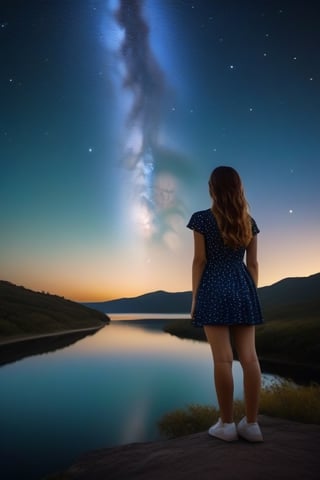 A beautiful starry night sky with a girl standing with her back turned, admiring the celestial display. The image should be a photograph capturing the breathtaking beauty of the night sky. The stars should be shining brightly, and constellations should be visible. The girl should be silhouetted against the night sky, with her posture conveying awe and wonder. The background should be a natural outdoor setting, enhancing the sense of immersion. The camera shot should be a medium shot, framing both the girl and the expansive night sky. The lens used should be a wide-angle lens to capture the vastness of the cosmos. The image should have high resolution, showcasing the fine details of the stars. Lighting should be natural, with the stars providing gentle illumination. The final result should be a realistic portrayal of a girl admiring the starry night sky, evoking a sense of wonder and tranquility.