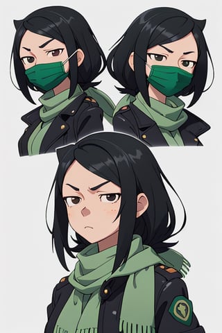 perfect face, perfect facial features, a serious-looking lady with black hair, dark jacket and green scarf, cloth face mask, anime 3d, unreal engine, style expressive