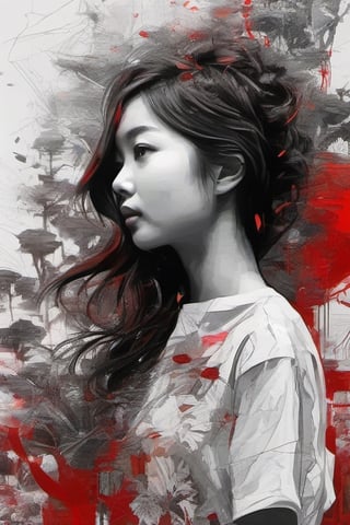 aesthetic, 2 tone, black and white, simplified shapes, figurative, style mix of acrylic painting, watercolor, oil painting, photography, digital art,   brush strokes, dark red color pop, a gorgeous young asian girl, highly detailed , ultra detailed, very intricate, low poly, abstract surreal, Kanji , Katakana ,  niji style, graffiti style,  comics style, anime style 