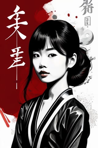 aesthetic, 2 tone, black and white, simplified shapes, figurative, style mix of acrylic painting, watercolor, oil painting, photography, digital art,   brush strokes, dark red color pop, a gorgeous young asian girl, highly detailed , ultra detailed, very intricate, low poly, abstract surreal, Kanji , Katakana ,  niji style, graffiti style,  comics style, anime style 