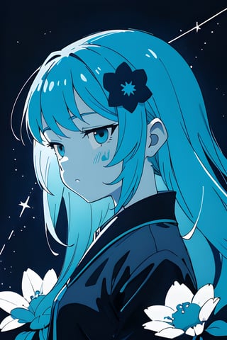a beautiful girl with blue flowers on her face,  in the style of monochromatic paintings,  dark sky-blue and dark navy,  dark sky-blue and dark white,  multilayered realism,  luminous shadowing,  anime-inspired,  elegant outlines