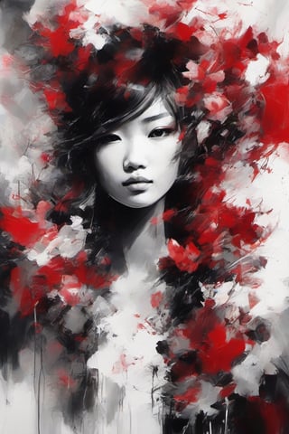 aesthetic, 2 tone, black and white, simplified shapes, figurative, style mix of acrylic painting, watercolor, oil painting, photography, digital art,   brush strokes, dark red color pop, a gorgeous young asian girl, highly detailed , ultra detailed, very intricate, low poly, abstract surreal, Kanji , Katakana ,  niji style, graffiti style,  comics style, anime style 