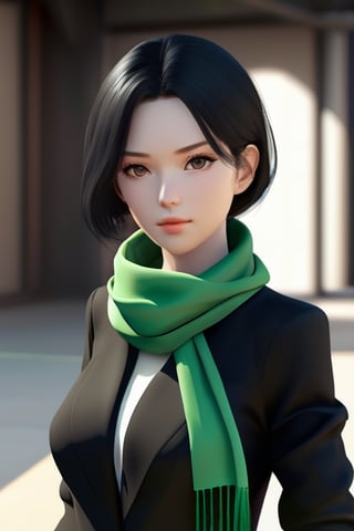 perfect face, perfect facial features, a serious-looking lady with black hair, dark jacket and green scarf, cloth face mask, anime 3d, unreal engine, style expressive