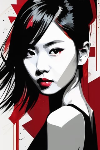 aesthetic, 2 tone, black and white, simplified shapes, figurative, style mix of acrylic painting, watercolor, oil painting, photography, digital art,   brush strokes, dark red color pop, a gorgeous young asian girl, highly detailed , ultra detailed, very intricate, low poly, abstract surreal, Kanji , Katakana ,  niji style, graffiti style,  comics style, anime style 