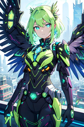 A vibrant, futuristic solarpunk harpy, ((enigmatic eyes)), neon-colored eyes, her wings adorned with intricate circuitry and glowing solar panels, perches atop a decaying skyscraper. The digital painting captures all the details of his metallic feathers, which contrast with the crumbling cityscape. The artist's skill is evident in the realistic textures and vibrant colors, which draw the viewer into this post-apocalyptic world.