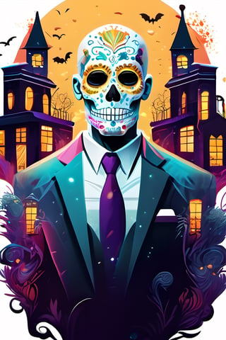 high detail, colorful, sugar skull man, white thin bald man, hitman style, night atmosphere at Halloween