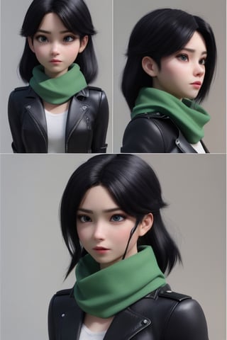 A serious-looking lady with black hair,  dark jacket and green scarf,  cloth face mask,  anime 3d,  unreal engine,  style expressive