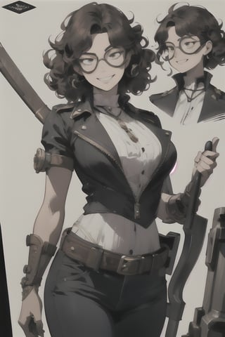 Raw, masterpiece, highly detailed character design, comic book style, perfectly centered, steampunk female engineer with goggles pushed up onto a messy mop of curly hair, Highly detailed body, Perfect arms, Tools dangle from belts, a trusty wrench is clutched in one hand, a mischievous grin, maximum details, highly detailed, sharp focus, intricate details