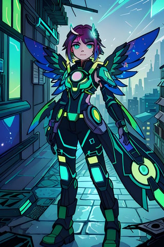 A vibrant, futuristic solarpunk harpy, ((enigmatic eyes)), neon-colored eyes, her wings adorned with intricate circuitry and glowing solar panels, perches atop a decaying skyscraper. The digital painting captures all the details of his metallic feathers, which contrast with the crumbling cityscape. The artist's skill is evident in the realistic textures and vibrant colors, which draw the viewer into this post-apocalyptic world.