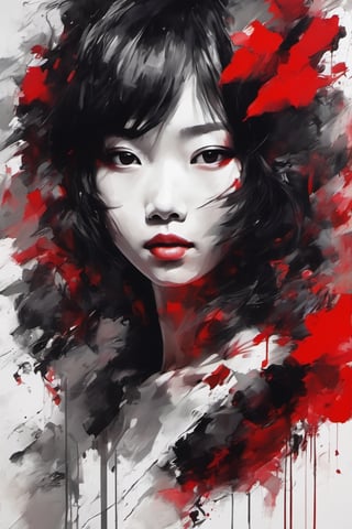 aesthetic, 2 tone, black and white, simplified shapes, figurative, style mix of acrylic painting, watercolor, oil painting, photography, digital art,   brush strokes, dark red color pop, a gorgeous young asian girl, highly detailed , ultra detailed, very intricate, low poly, abstract surreal, Kanji , Katakana ,  niji style, graffiti style,  comics style, anime style 