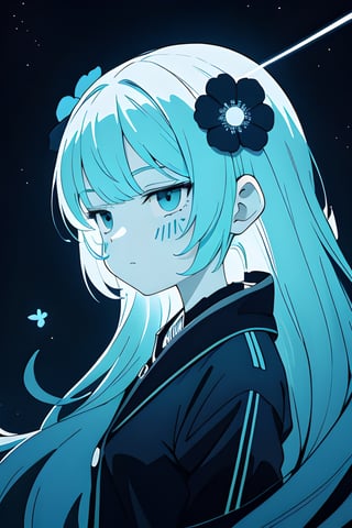 a beautiful girl with blue flowers on her face,  in the style of monochromatic paintings,  dark sky-blue and dark navy,  dark sky-blue and dark white,  multilayered realism,  luminous shadowing,  anime-inspired,  elegant outlines