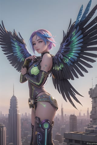 A vibrant and futuristic solarpunk harpy, her wings adorned with intricate circuitry and glowing solar panels, perches atop a decaying skyscraper. The digital painting captures every detail of her metallic feathers and neon-colored eyes, contrasting against the crumbling cityscape below. The artist's skill is evident in the lifelike textures and vibrant colors, drawing the viewer into this post-apocalyptic world.