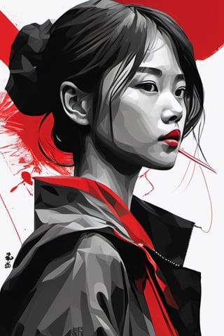 aesthetic, 2 tone, black and white, simplified shapes, figurative, style mix of acrylic painting, watercolor, oil painting, photography, digital art,   brush strokes, dark red color pop, a gorgeous young asian girl, highly detailed , ultra detailed, very intricate, low poly, abstract surreal, Kanji , Katakana ,  niji style, graffiti style,  comics style, anime style 